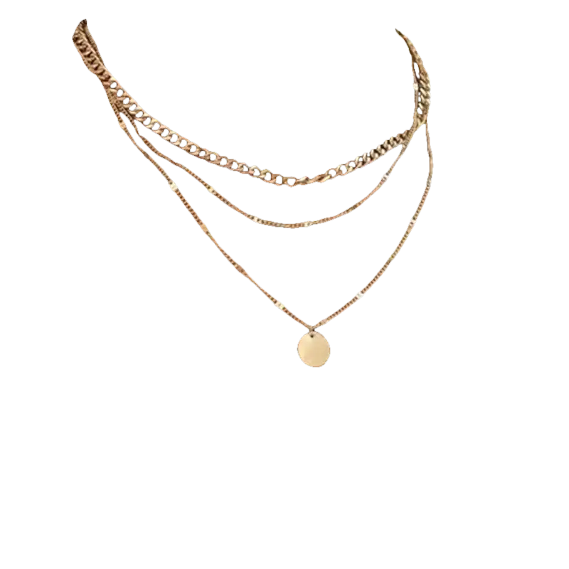 Layered gold-tone necklaces.