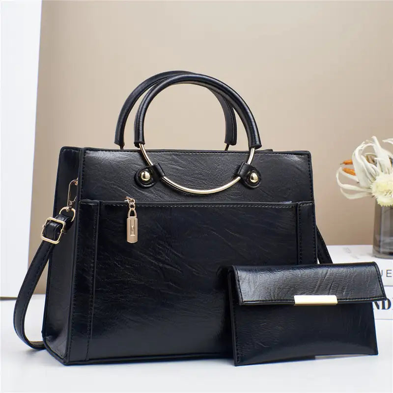 Chic Duo: Women’s Large Capacity Handbag Set - Black / 28x11x22cm