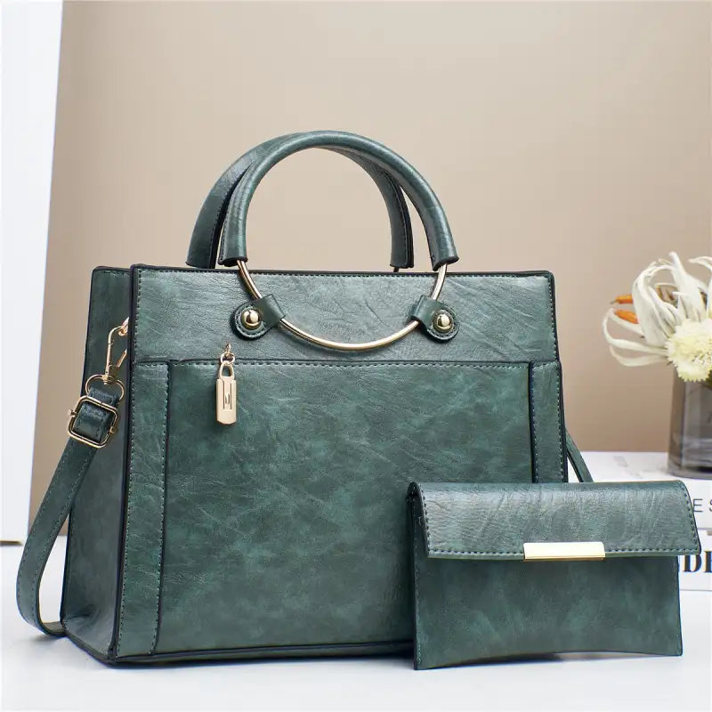 Chic Duo: Women’s Large Capacity Handbag Set - Green / 28x11x22cm
