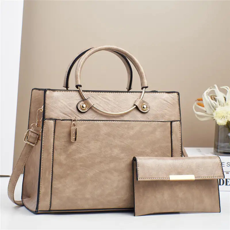 Chic Duo: Women’s Large Capacity Handbag Set - Khaki / 28x11x22cm