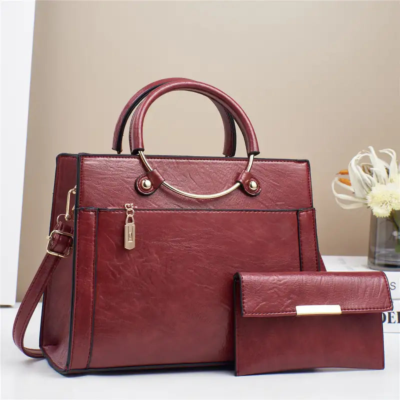 Chic Duo: Women’s Large Capacity Handbag Set - Red / 28x11x22cm