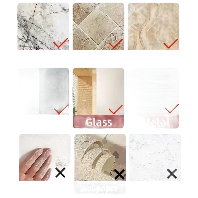 Surface compatibility guide for Grin and Hang with transparent door wall hook