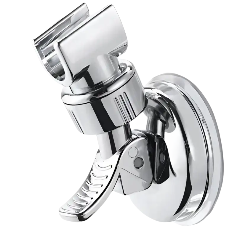 Chrome shower head holder with suction cup.