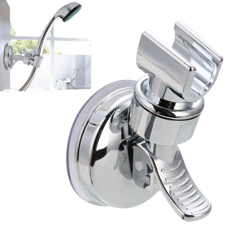 Chrome shower head holder with suction cup.