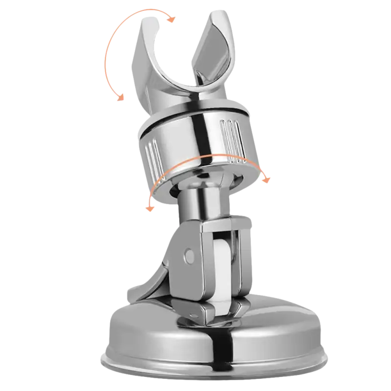 Chrome shower head holder with suction cup.