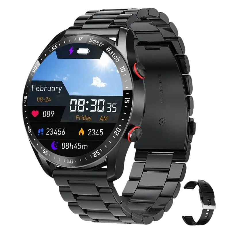 Black smart watch with metal band.