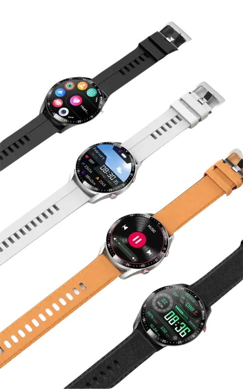Four smartwatches with different colored bands.