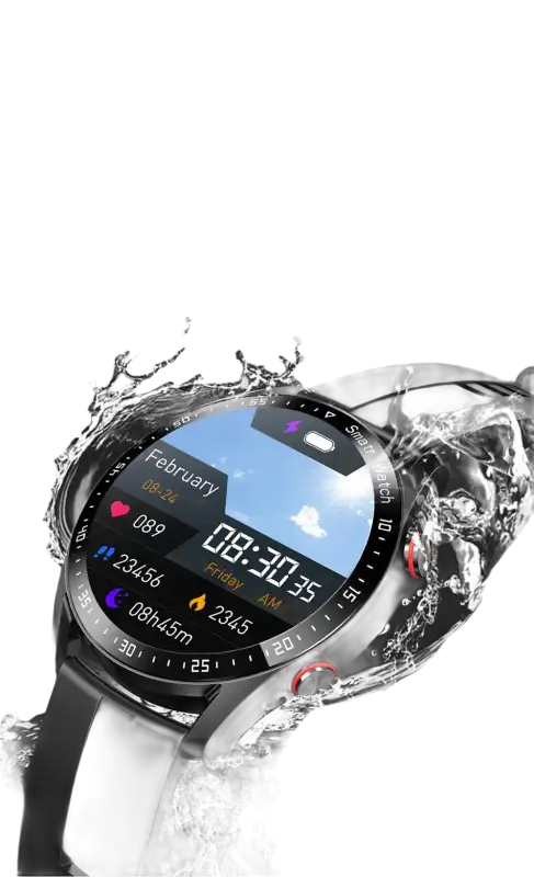 Waterproof smartwatch with fitness tracking features.