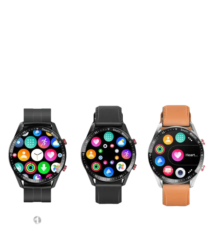 Three smartwatches with different menu styles.