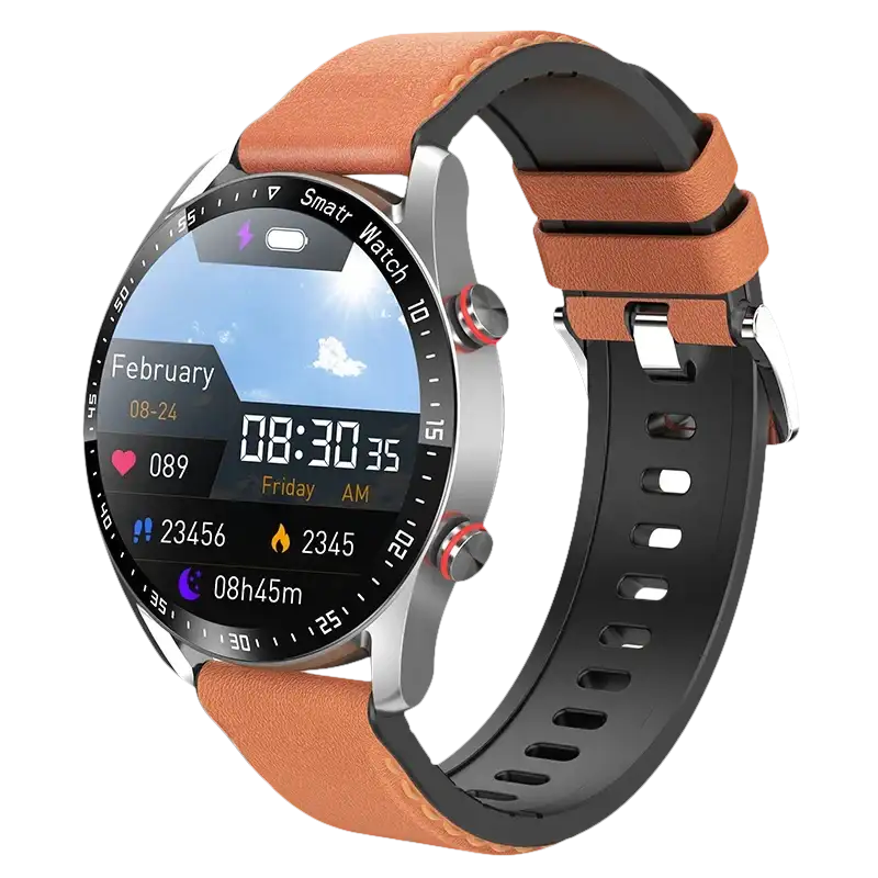 Smartwatch with a brown leather and black silicone band.