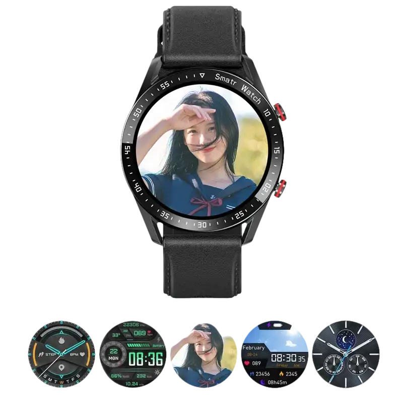 Black smartwatch with customizable face.