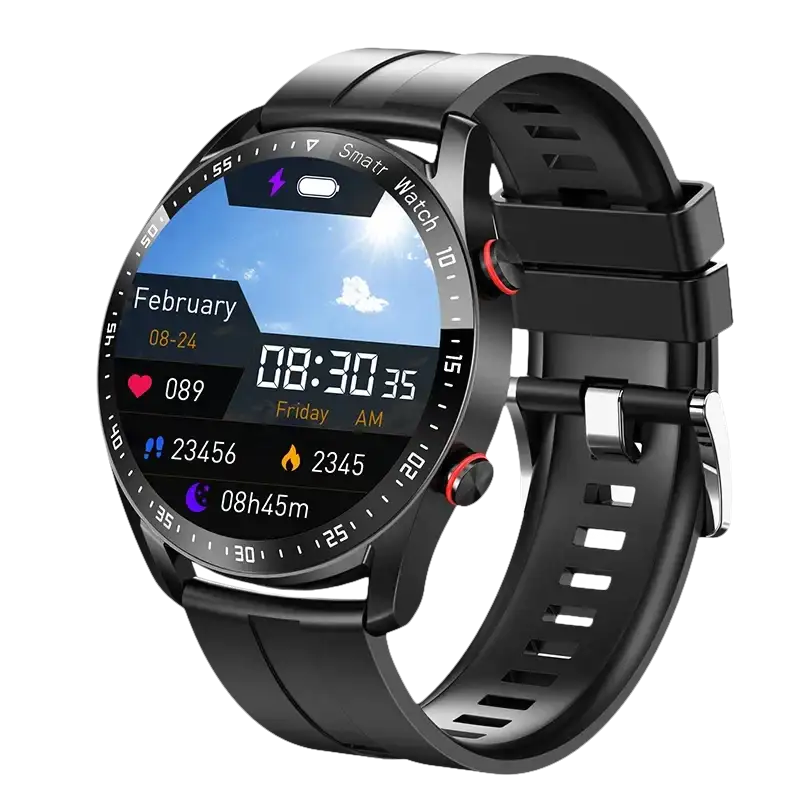 Black smartwatch with fitness tracking features.