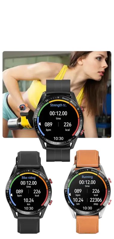 Smartwatches displaying exercise data.