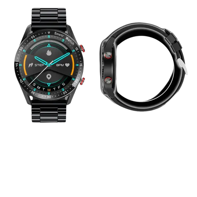 Black smart watch with specifications.