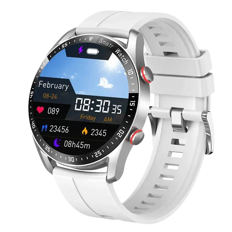 White smartwatch with a round face.