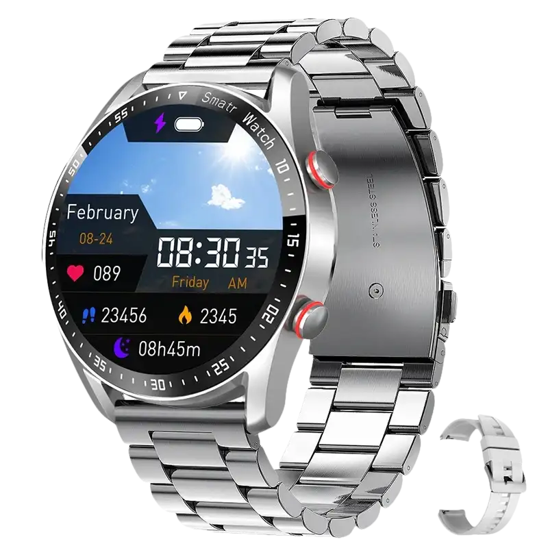 Silver smart watch with metal band.