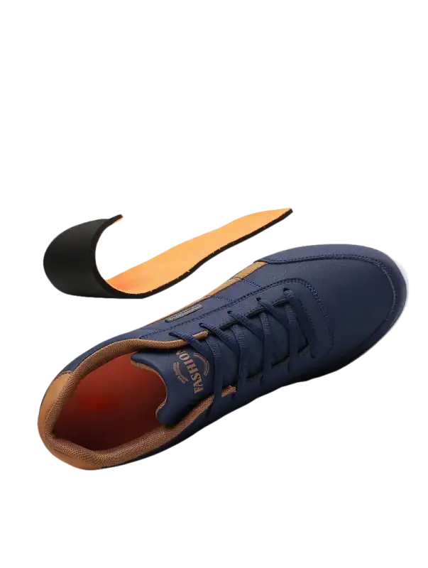 Blue athletic shoe with removable insole.