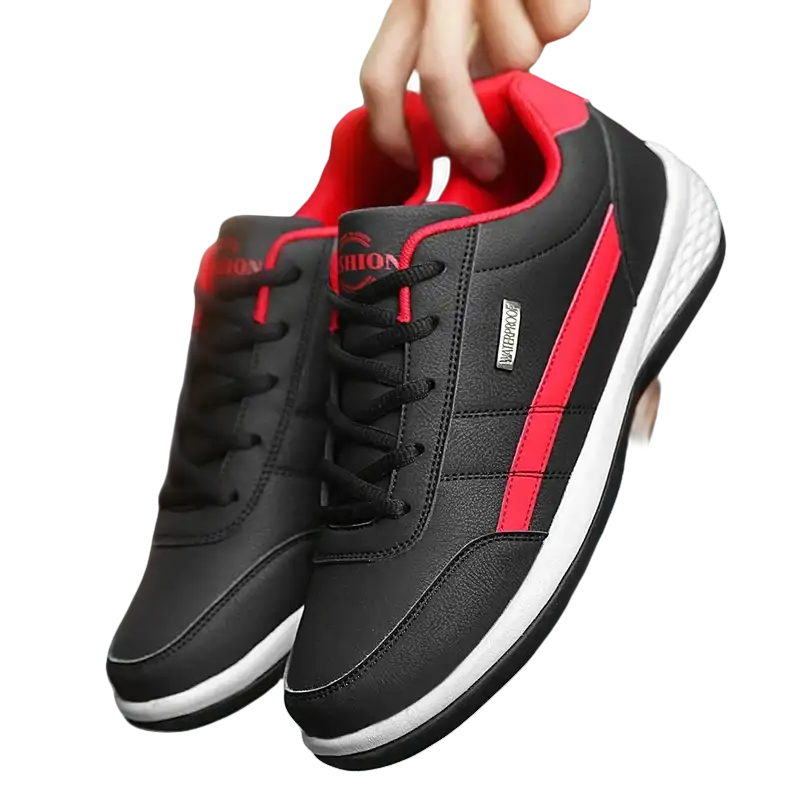 Black and red leather sneakers.