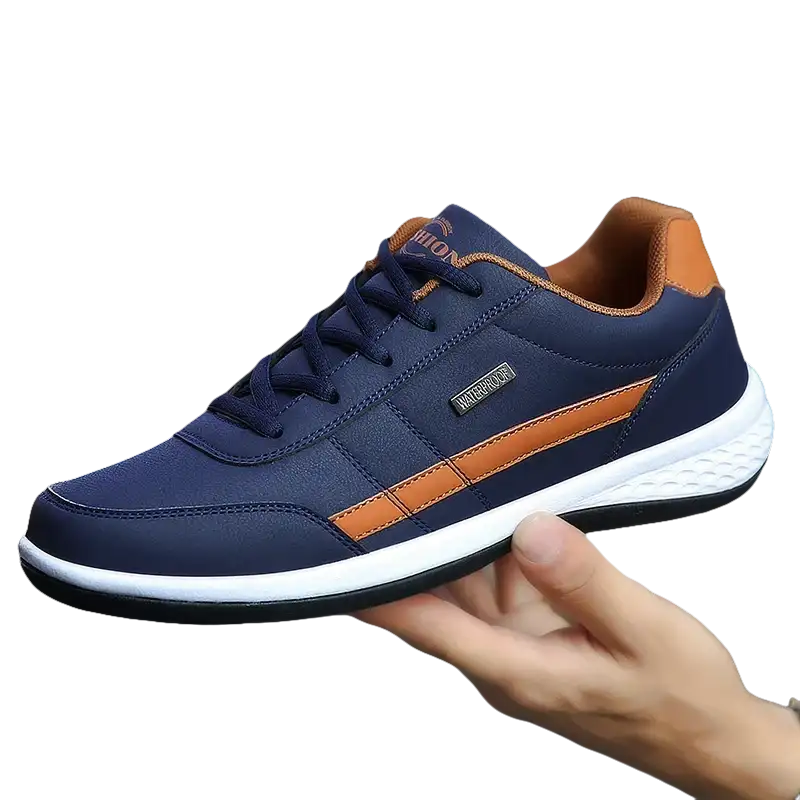 Blue and brown leather sneaker.