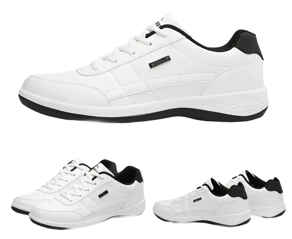 White leather sneakers with black accents.