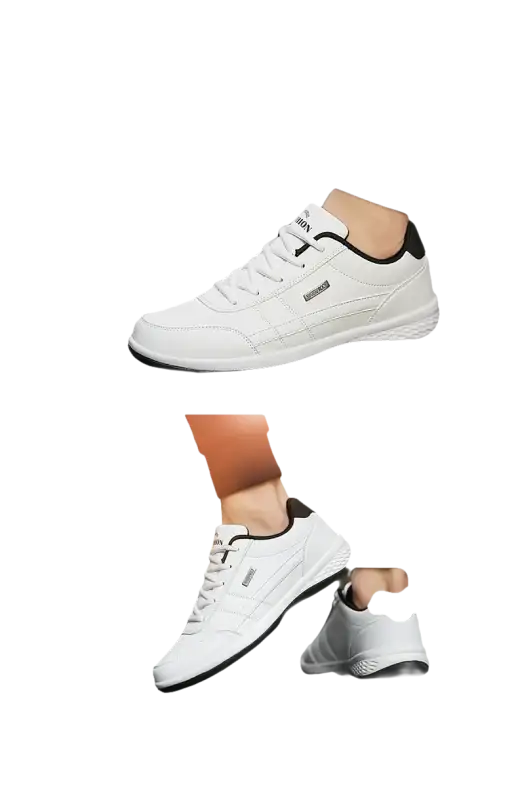 White leather sneakers with black trim.