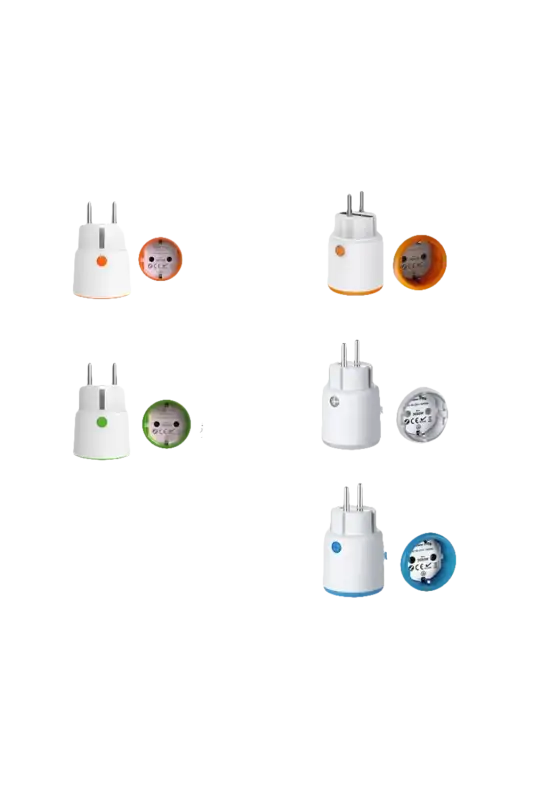 Two types of smart plugs with different color options and app compatibility.