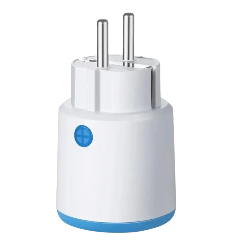 White smart plug with blue accents.