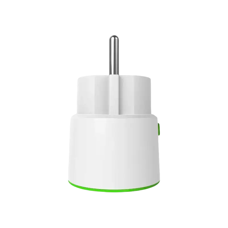 White smart plug with green trim.