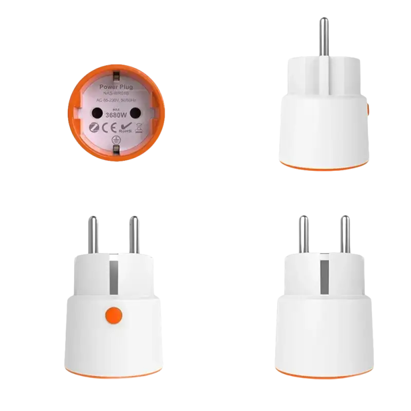 White smart plug with orange trim.