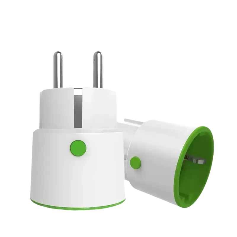 White Zigbee power plugs with green accents.
