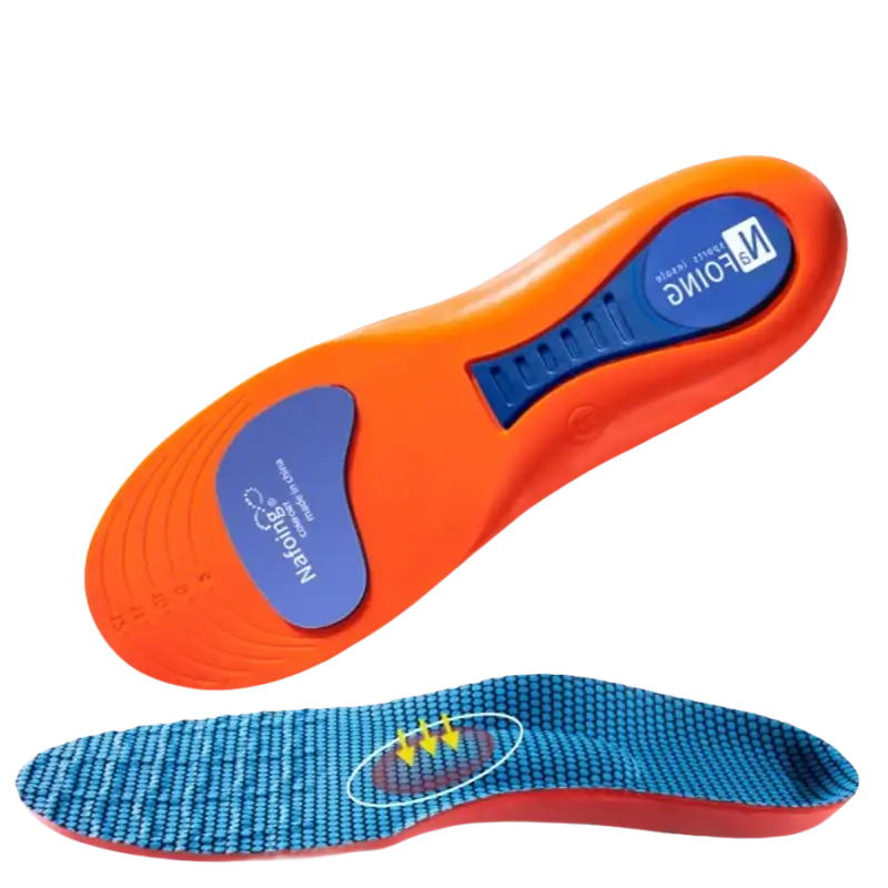 Orange and blue arch support insoles.
