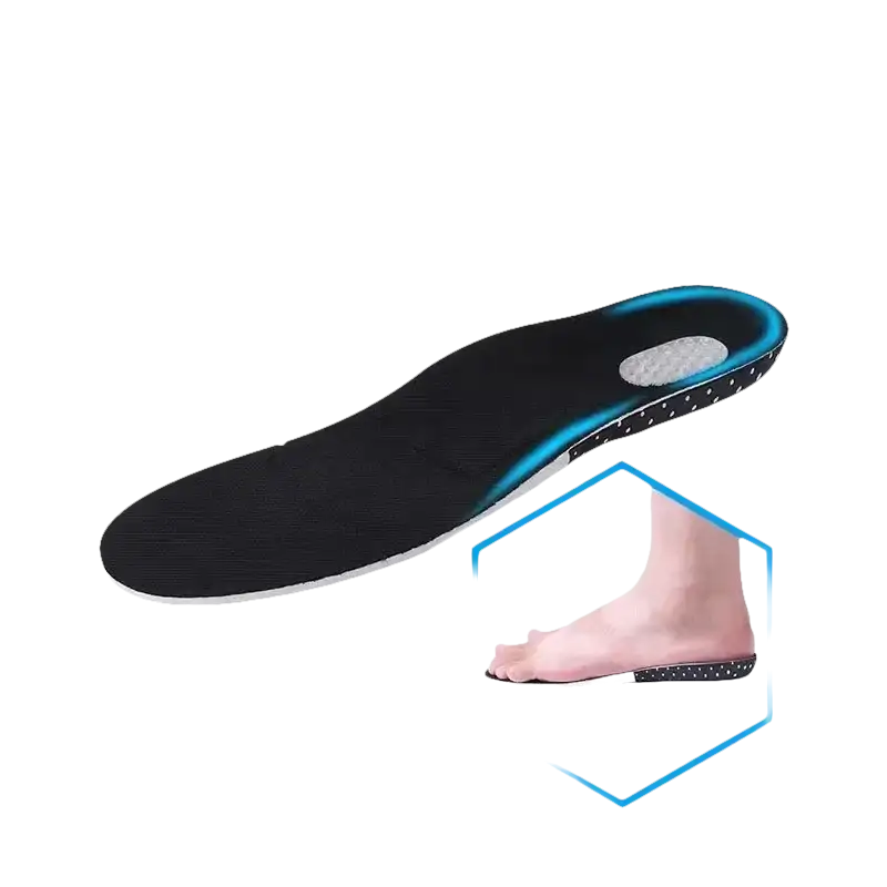 Black shoe insole with blue accents.