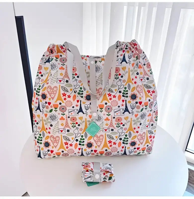 Floral Paris-themed reusable shopping bag.