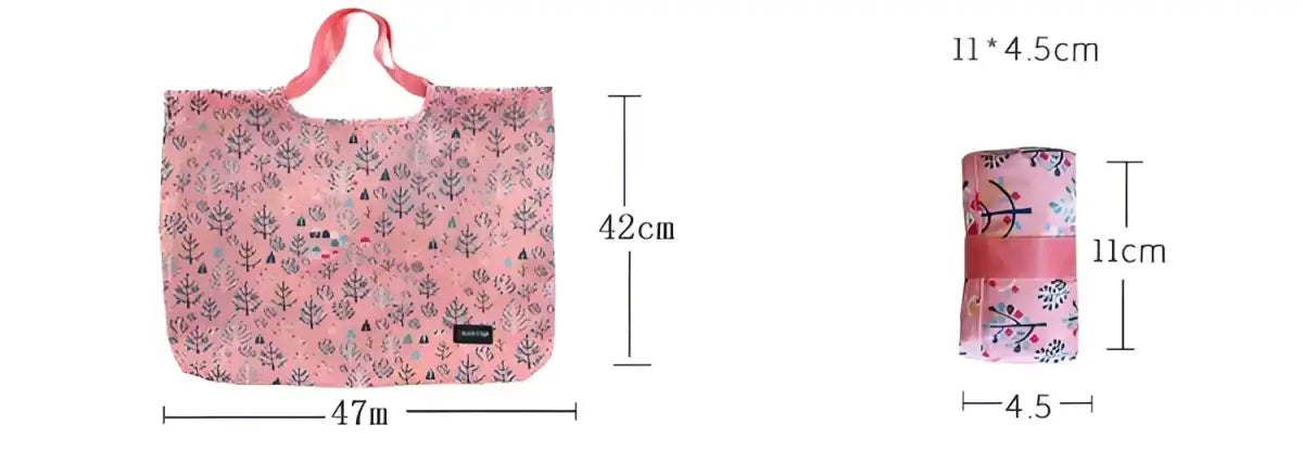 Pink patterned reusable shopping bag with dimensions.