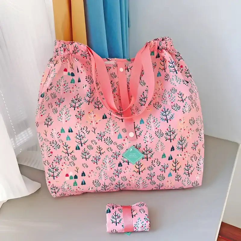 Pink patterned reusable shopping bag.