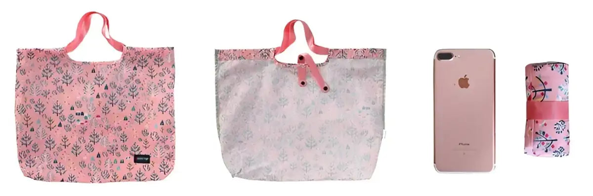 Reusable shopping bags and a phone.