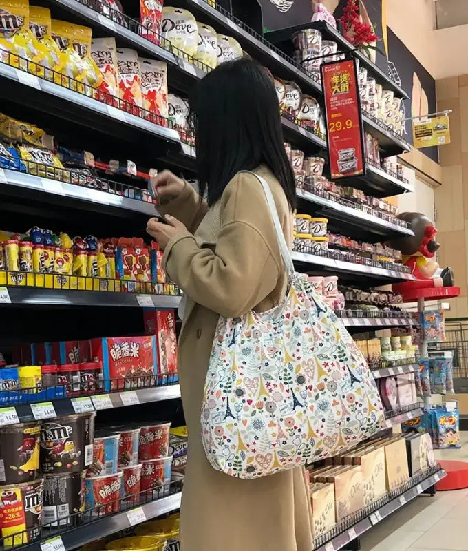 Woman shopping in a grocery store.
