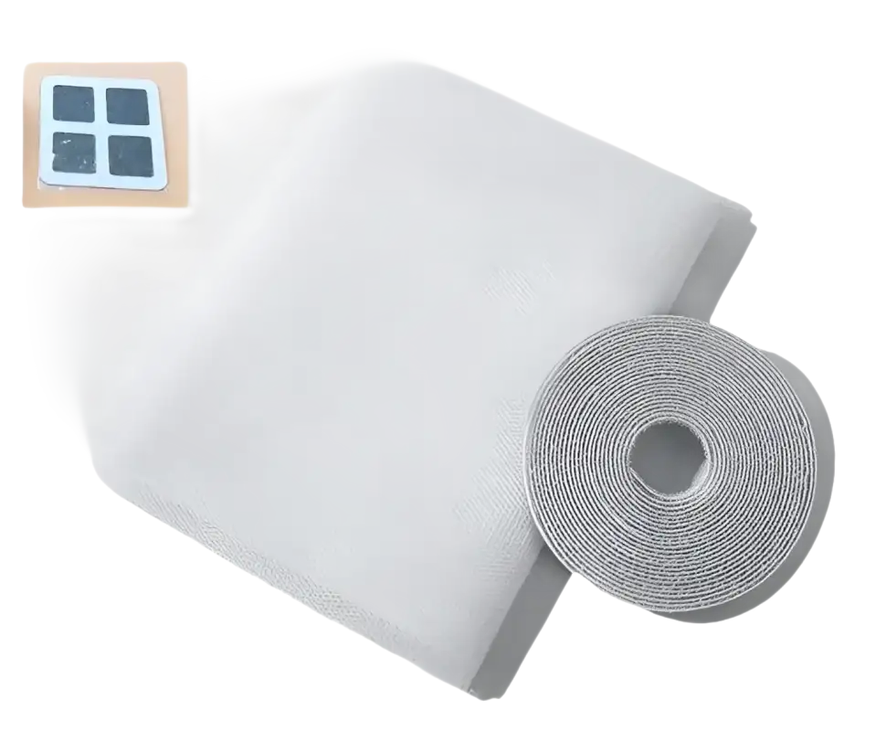 Window screen with hook and loop tape.