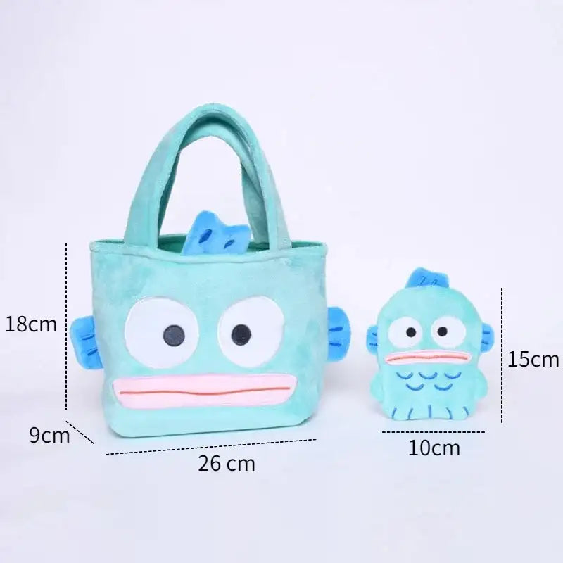 Turquoise cartoon fish tote bag and plush toy.