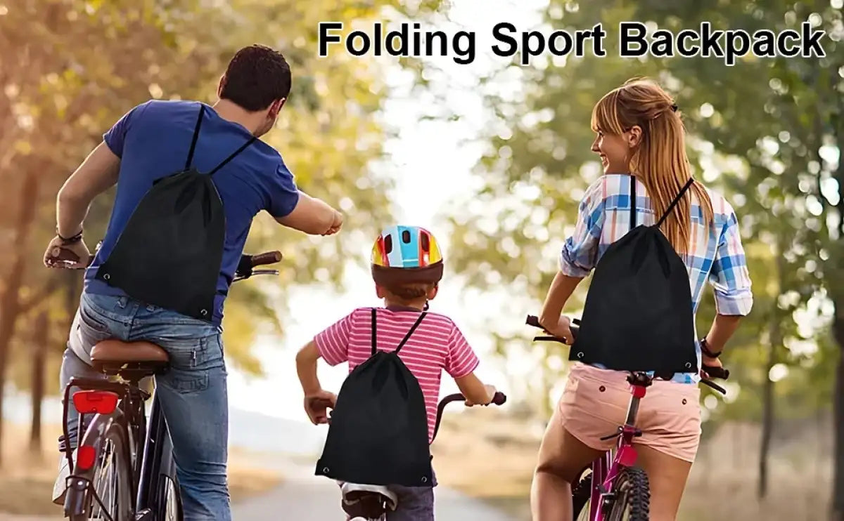 Black drawstring backpacks.