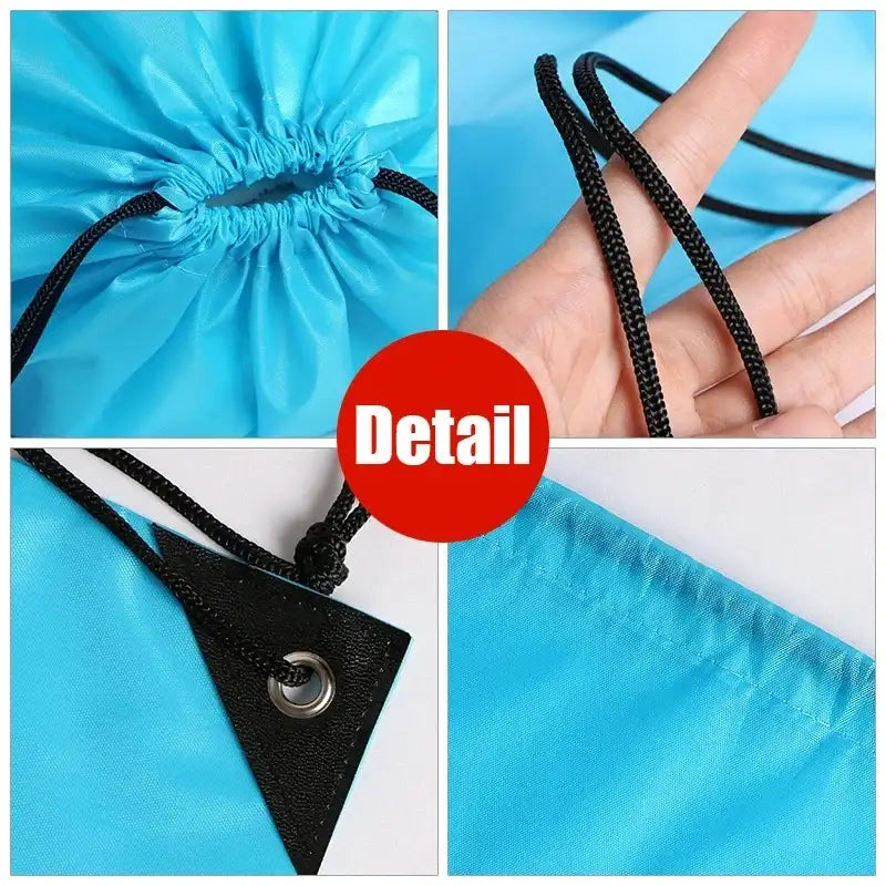Blue drawstring bag details.