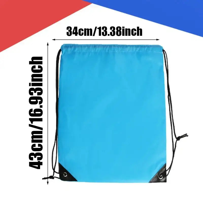 Blue drawstring bag with dimensions.
