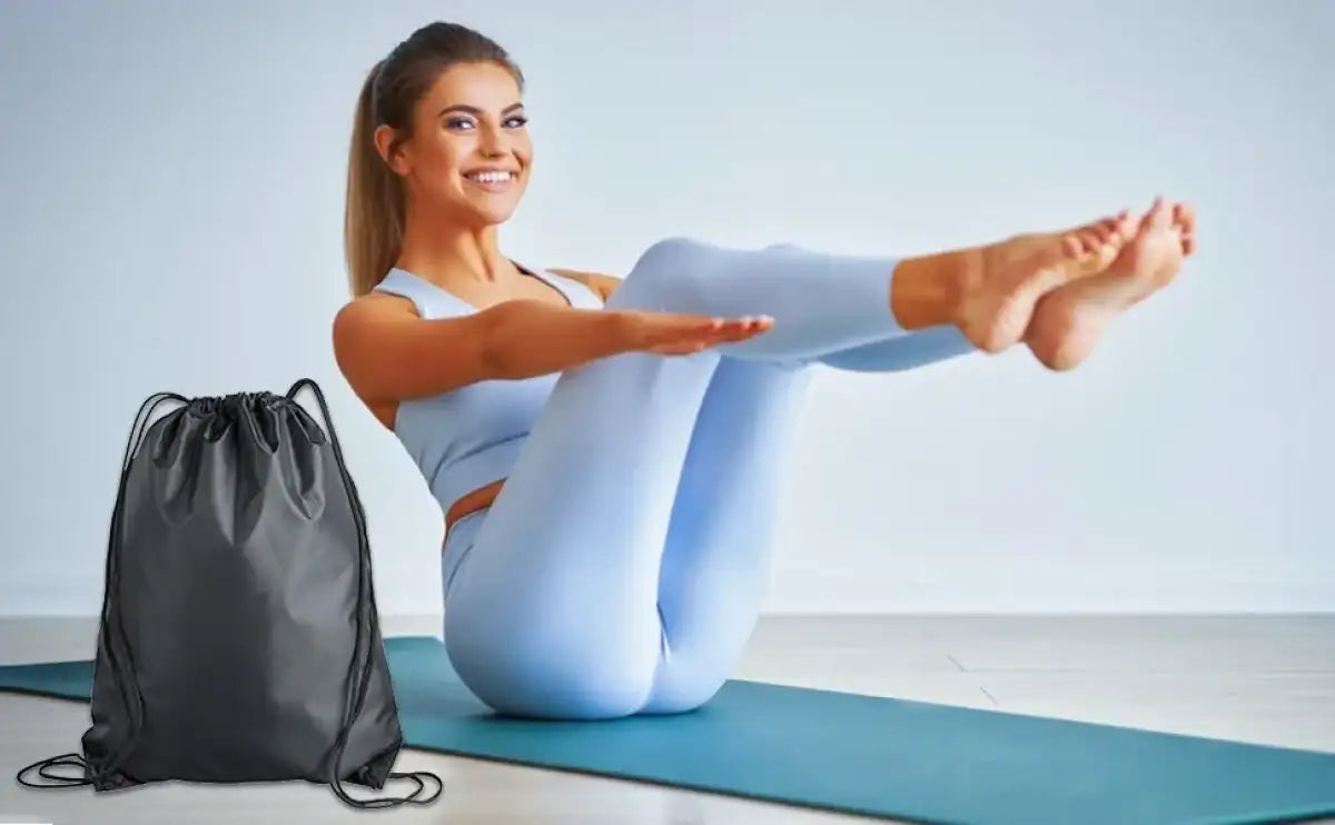 Gray drawstring backpack.