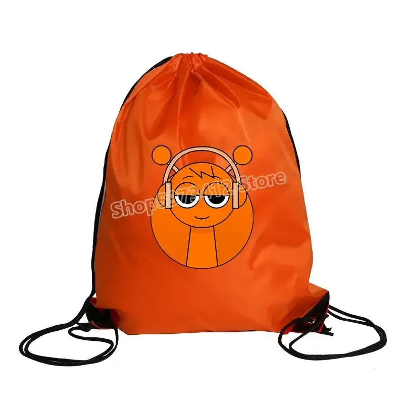 Orange drawstring backpack with cartoon face.