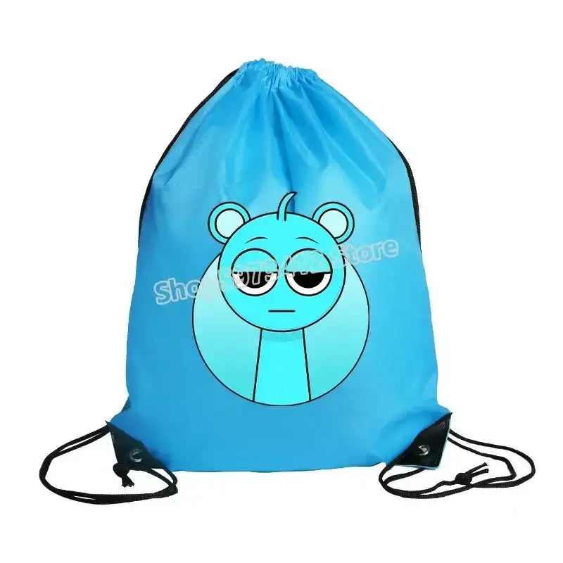 Blue drawstring backpack with cartoon character.