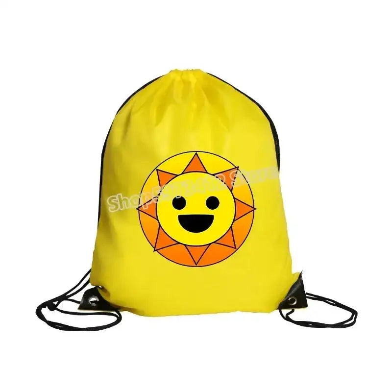 Yellow drawstring backpack with sun design.
