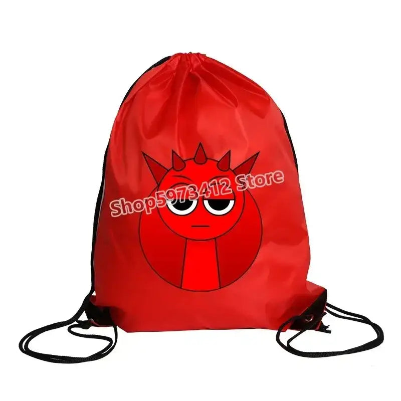 Red drawstring bag with cartoon devil.