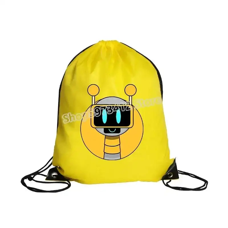 Yellow drawstring backpack with robot design.