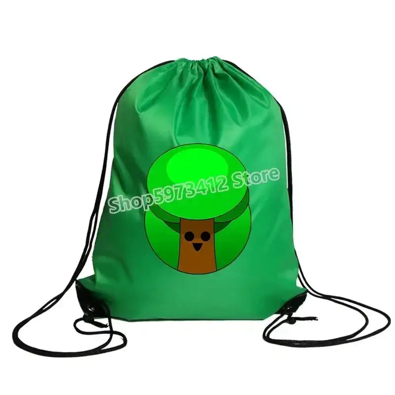 Green drawstring bag with tree graphic.
