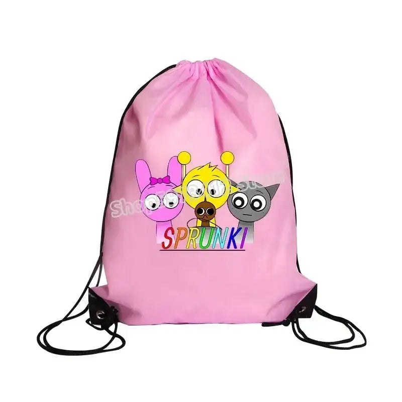 Pink drawstring backpack with cartoon characters.